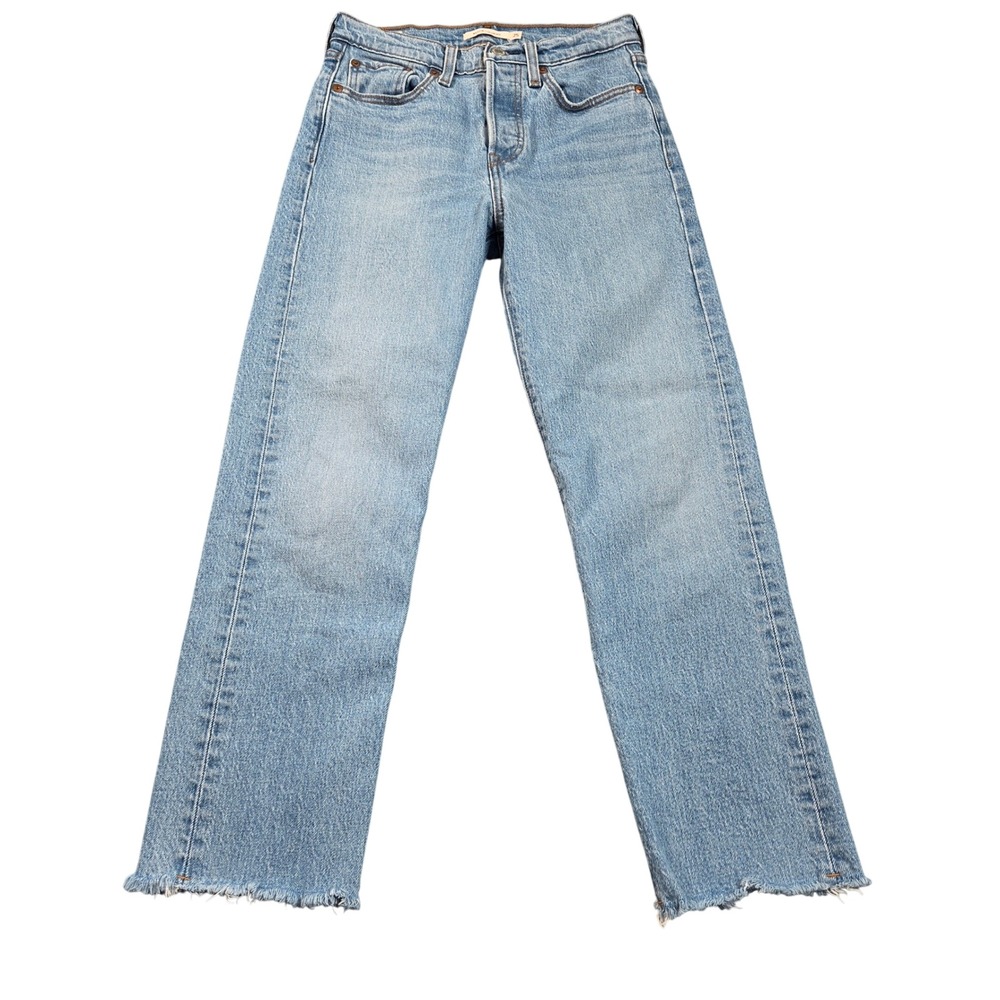 Levis Wedgie Straight Jeans Womens W25 L26 Blue Light Wash Raw Hem High Rise
